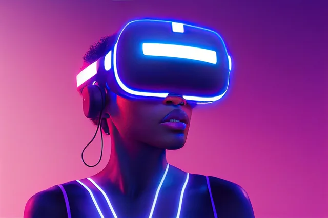 xr, hr, blandet virkelighed, virtual reality, augmented reality, afro amerikaner, kvinde, dame, pige, sort, amerika, lyserød, lilla, blå, neon, metavers, belysning. HR-systemer: Behovsanalyse, valg og implementering